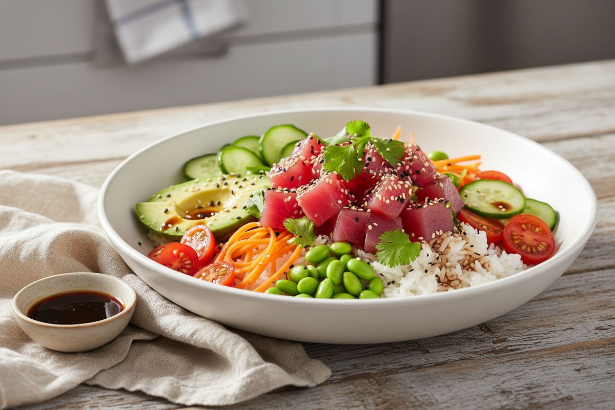 Värikäs ja nopea tonnikala-bowl tuoreilla kasviksilla, avokadolla ja umami-kastikkeella – herkullinen arkiruoka kalan ystäville.