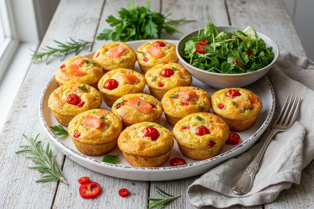 Helpot ja gluteenittomat kalamunakasmuffinit kylmäsavulohella, kirsikkatomaateilla ja parmesaanilla – nopea herkku aamupalaksi tai välipalamukinpalan kokoiseksi suupalaksi.