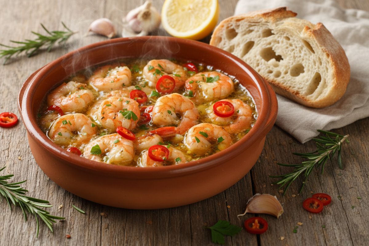 Klassinen espanjalainen tapas – mehevät katkaravut valkosipulin, chilin ja oliiviöljyn kanssa, tarjoiltuna rapealla leivällä.
