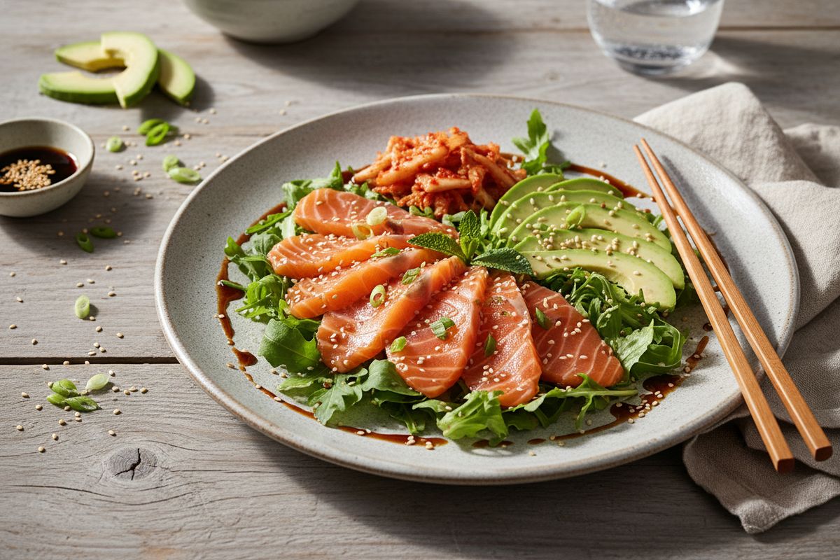 Raikas sashimi-salaatti tuoreesta lohesta, avokadosta ja kimchista – nopea ja herkullinen kalaherkku suoraan merestä lautaselle.