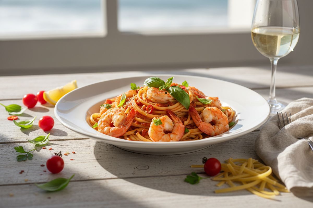 Linguine katkaravuilla ja basilikakastikkeella on nopea mereinen pasta-annos, jossa yhdistyvät mehukkaat katkaravut, aromikas tomaattikastike ja tuore basilika.