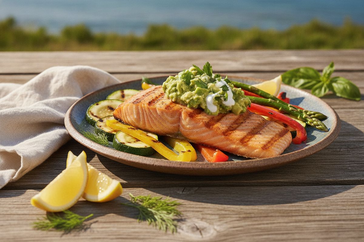 Mehevä grillattu lohifilee ja tuoreista yrteistä valmistettu salsa verde – kesän täydellinen kalaruoka suoraan grilliltä.