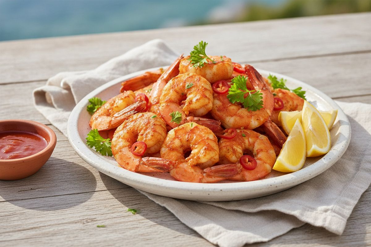 Tulisessa piri-piri-marinadissa grillatut katkaravut – nopea ja mehevä merellinen herkku suoraan rannikolta.