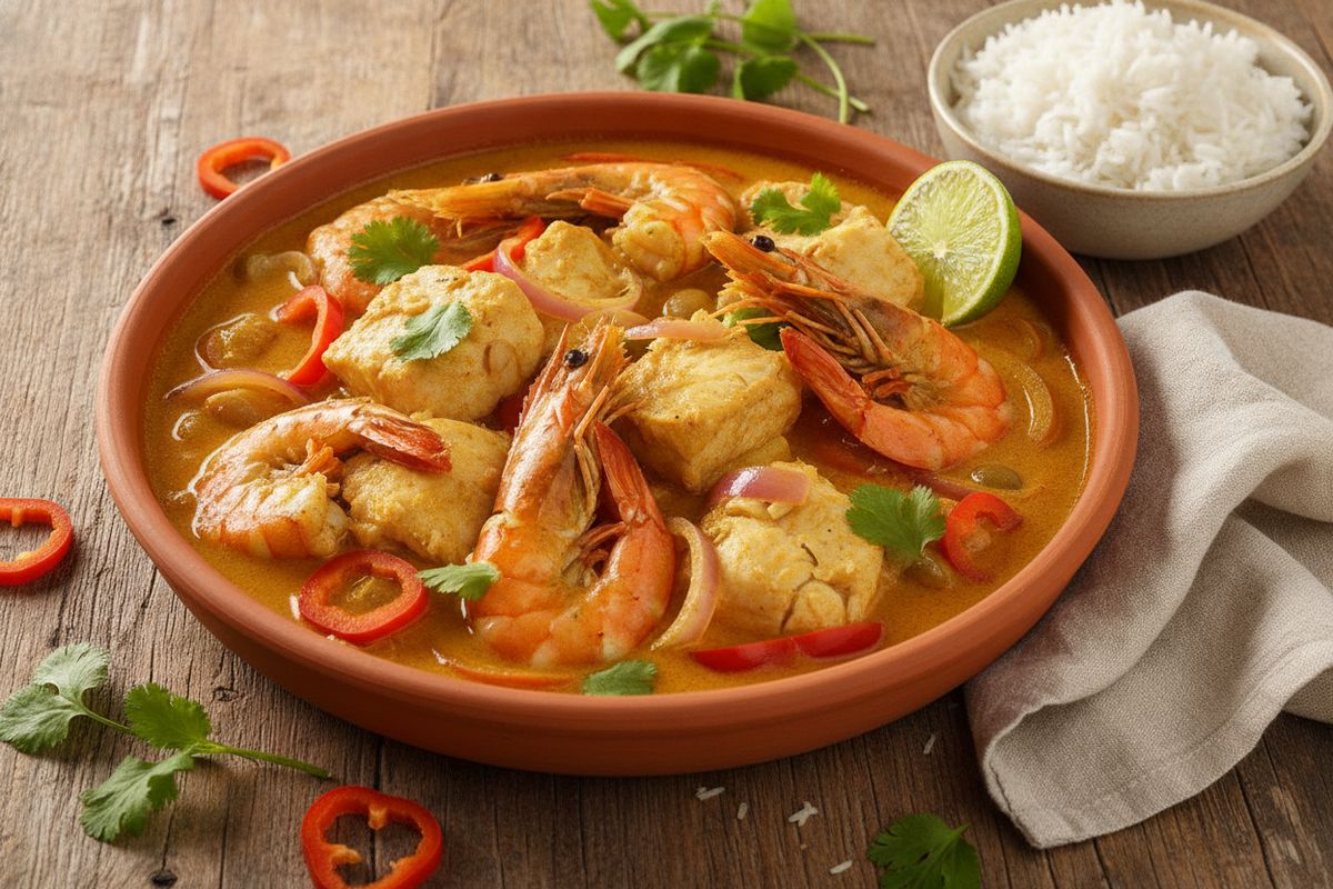 Brasilialainen moqueca on aurinkoinen mereneläväpata, jossa kala ja katkaravut kylpevät kookosmaito-kalaliemikastikkeessa aromaattisten mausteiden kera.
