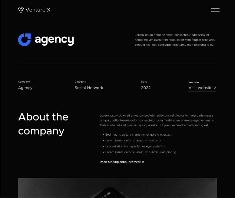 Portfolio Single Page - Venture X Webflow Template