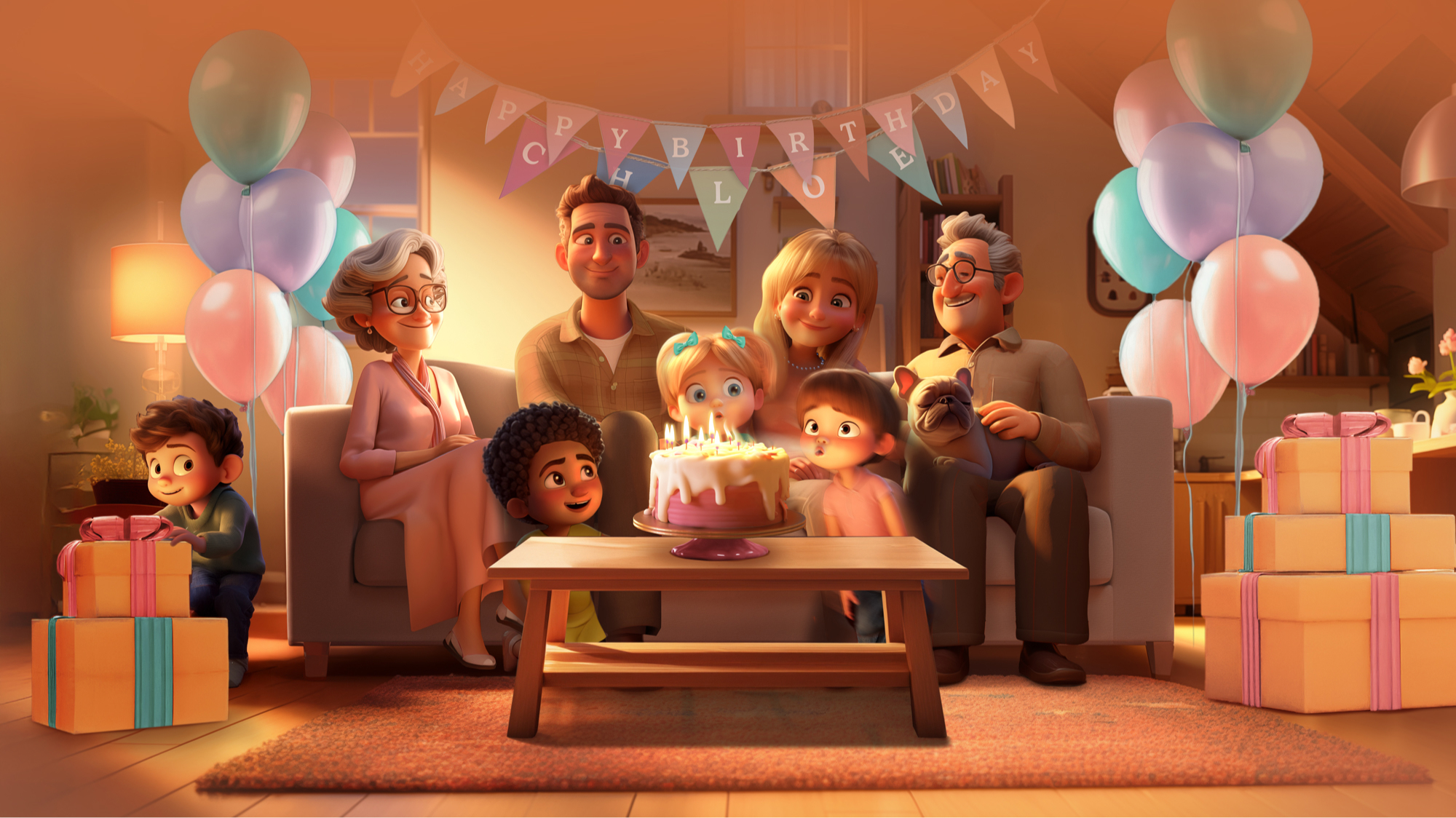 A warm, animated family birthday scene created for Storigami, capturing heartfelt storytelling through expressive characters, cozy lighting, and playful details.