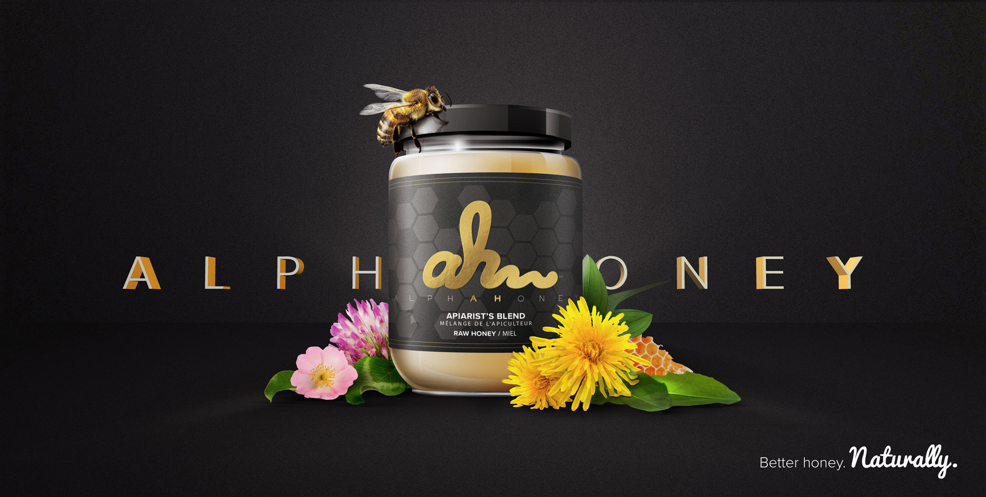 Premium packaging for Alpha Honey that tells a story of strength and purity—featuring bold typography, natural textures, and a modern design that reflects its small-batch origins.