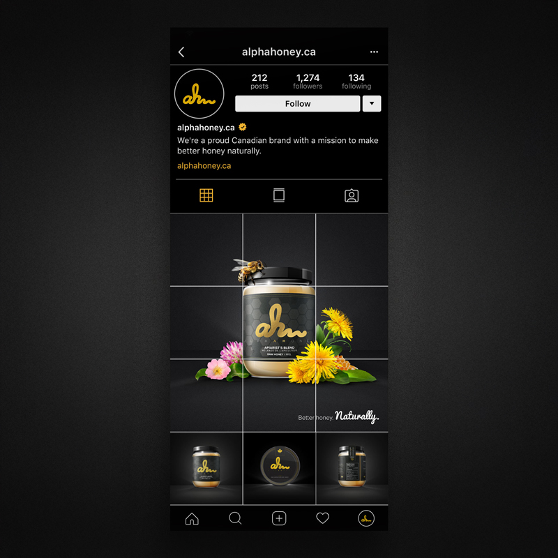 Bold, cohesive social media content for Alpha Honey, crafted to tell a visually rich brand story—blending product highlights, educational posts, and a strong, modern aesthetic