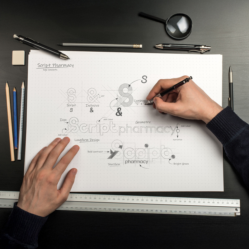 A modern, minimalist logo for Script Pharmacy that conveys trust, clarity, and care—crafted to reflect a forward-thinking approach to health and wellness.