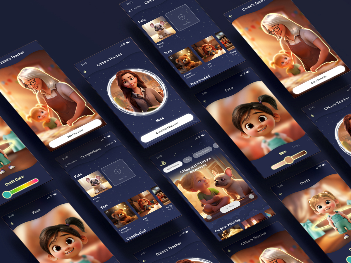 Interactive character builder interface by Storigami, blending playful 3D animation with intuitive UI design to let users create and customize animated story characters.