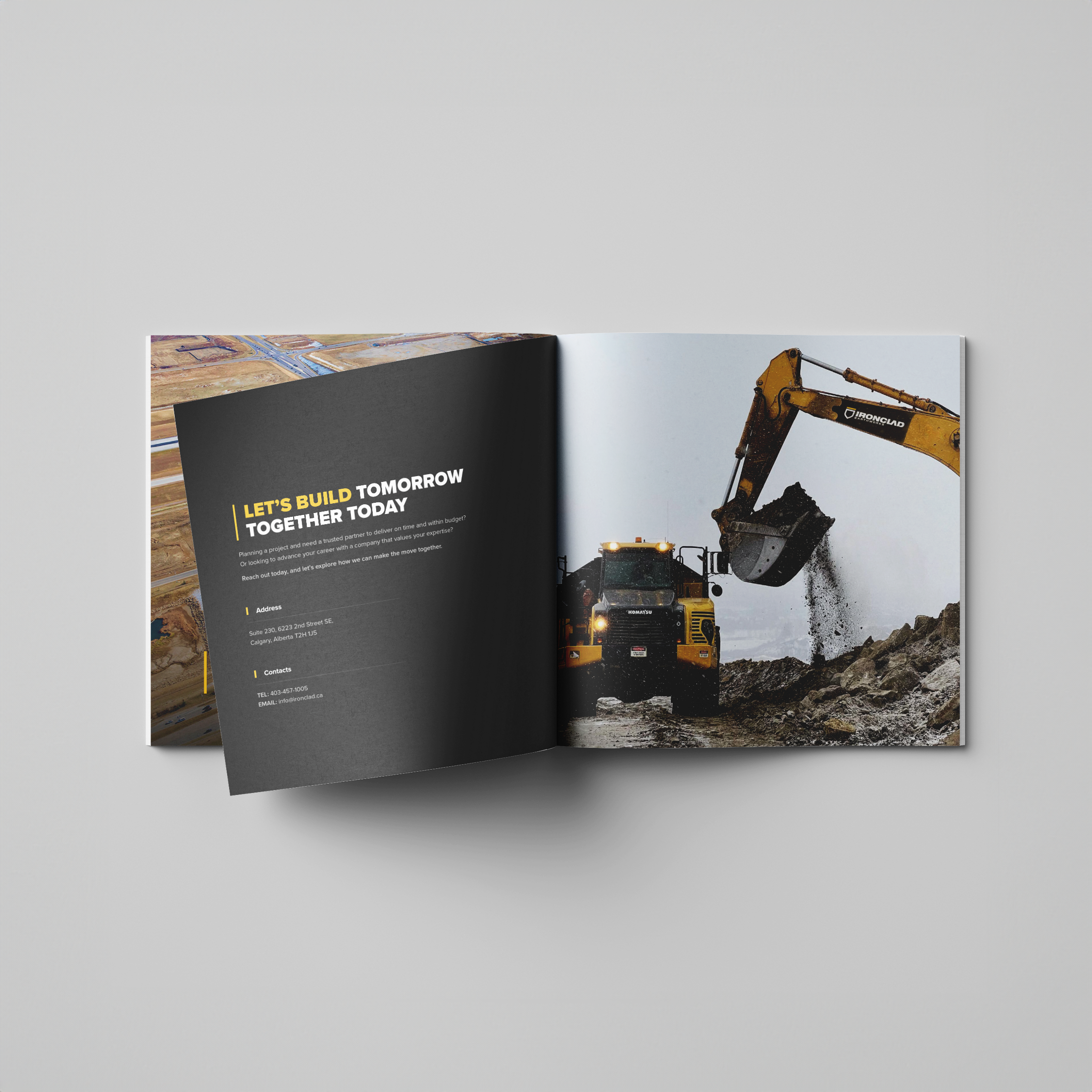 A rugged, visually-driven booklet for Ironclad that showcases their construction expertise—featuring project highlights, fleet strength, and a brand voice rooted in confidence and clarity.