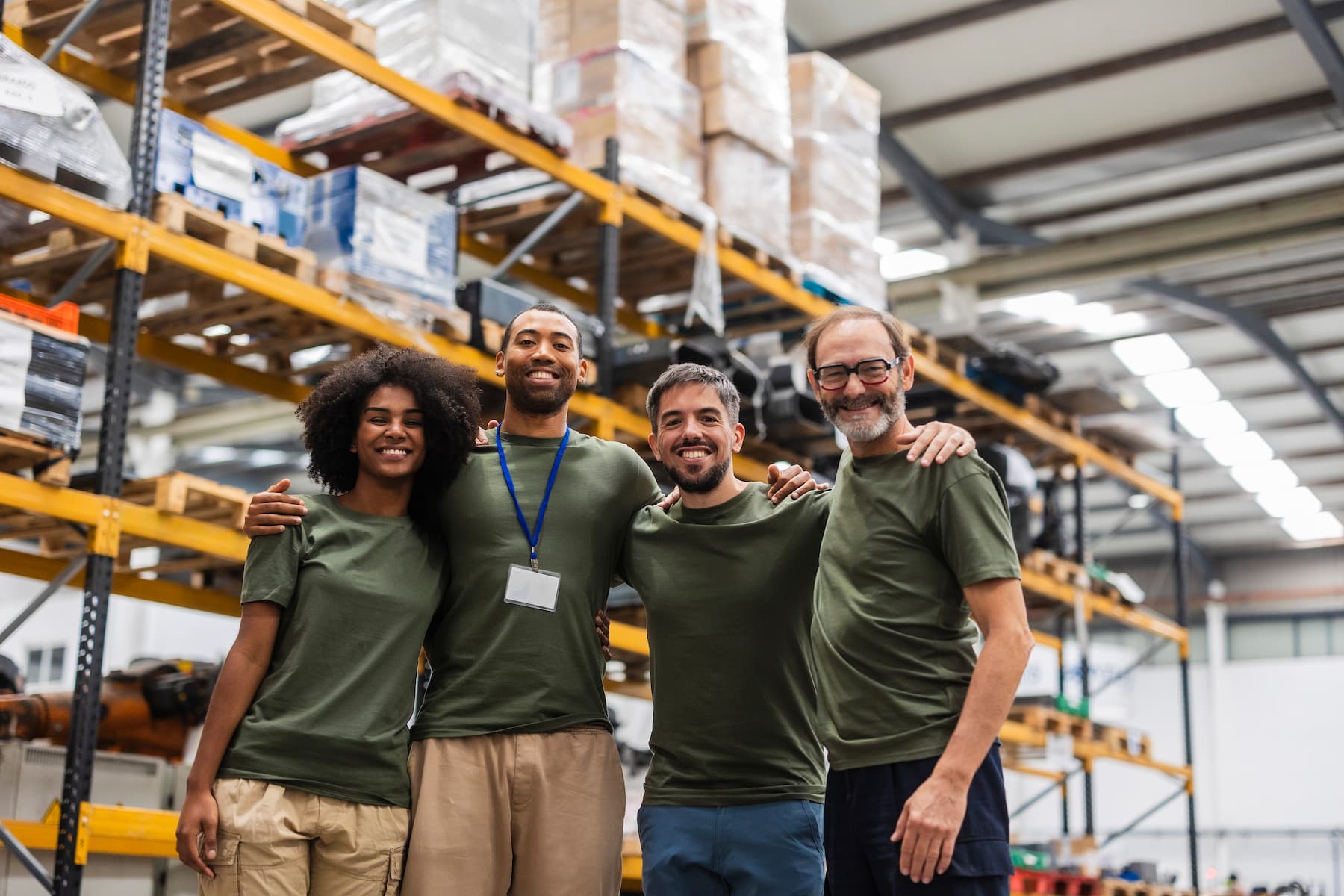 team of smiling warehouse workers