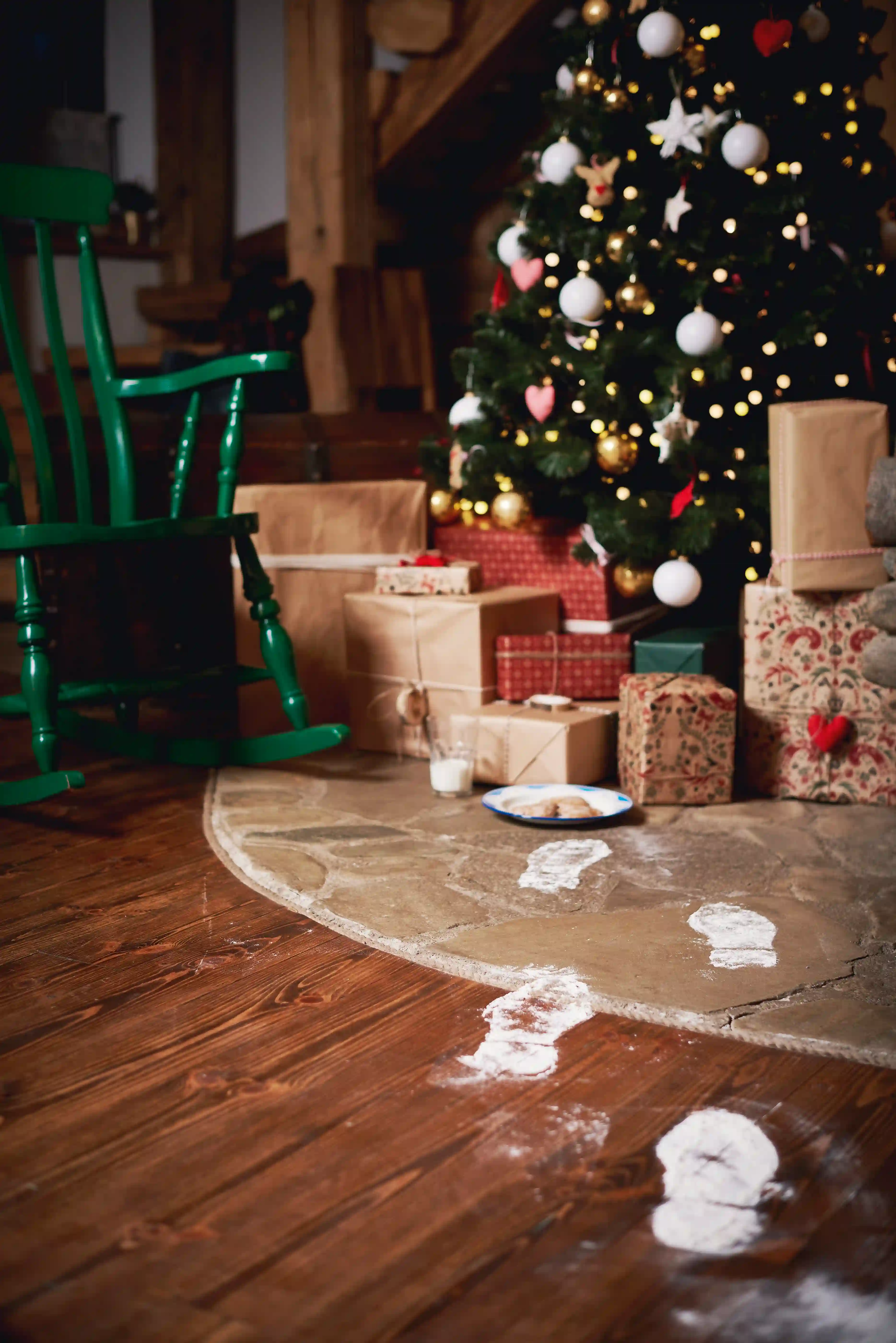 tree with beige tree skirt in living room