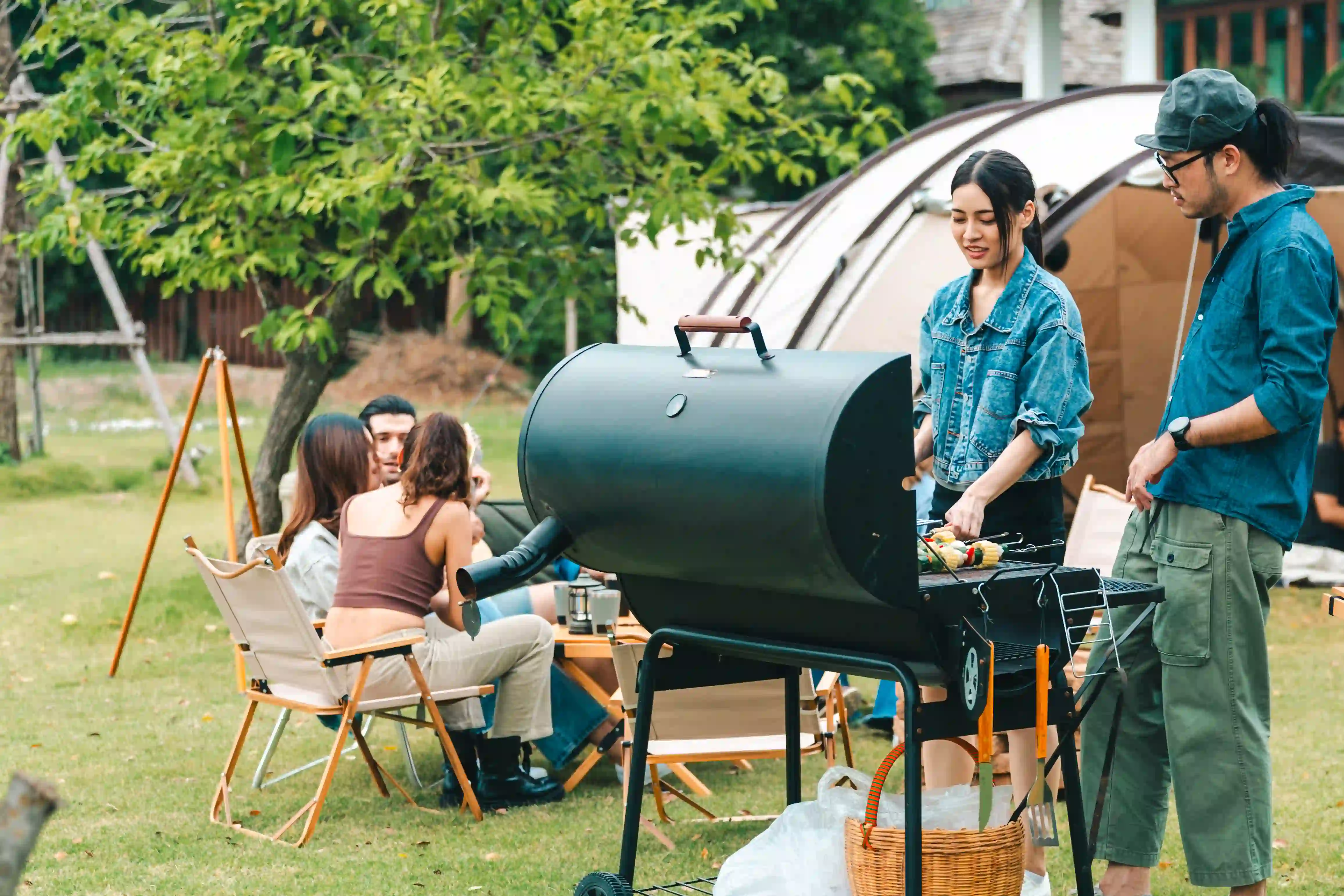 friends outside bbqing