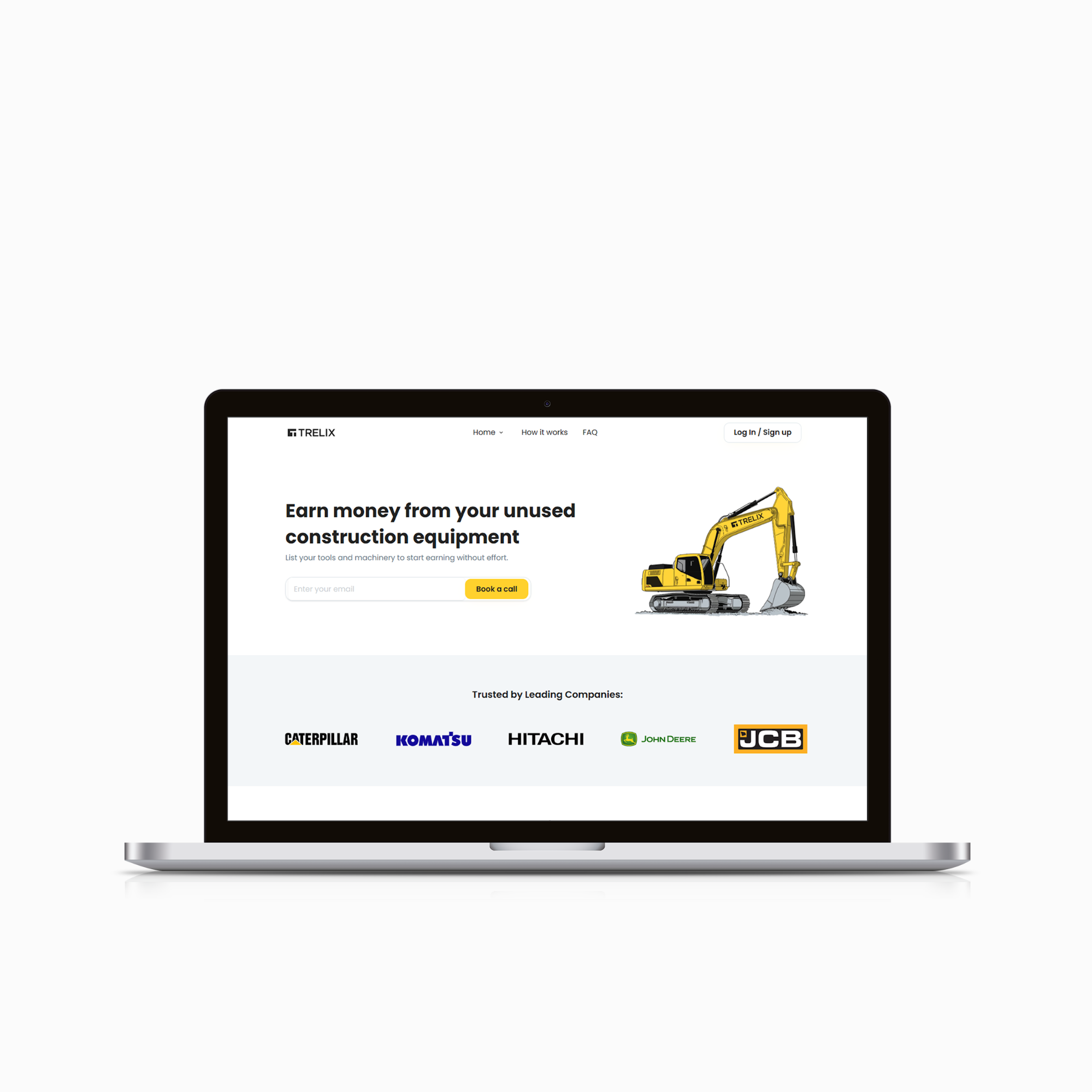 alt="TreLix landing page on laptop showcasing equipment rental platform with construction machinery and trusted brands Caterpillar, Komatsu, Hitachi, John Deere, and JCB"