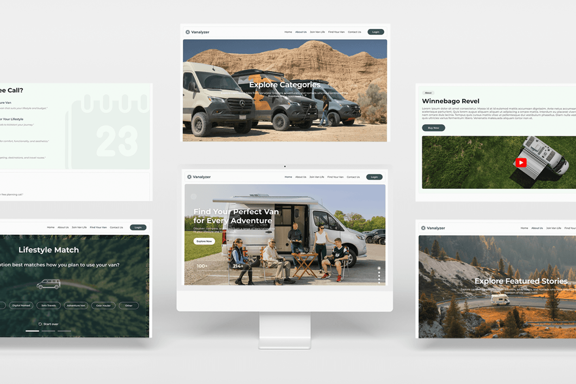 alt="Vanalyzer website mockup displaying Winnebago Revel van model with specifications, featured vans, and detailed product page on desktop screen"