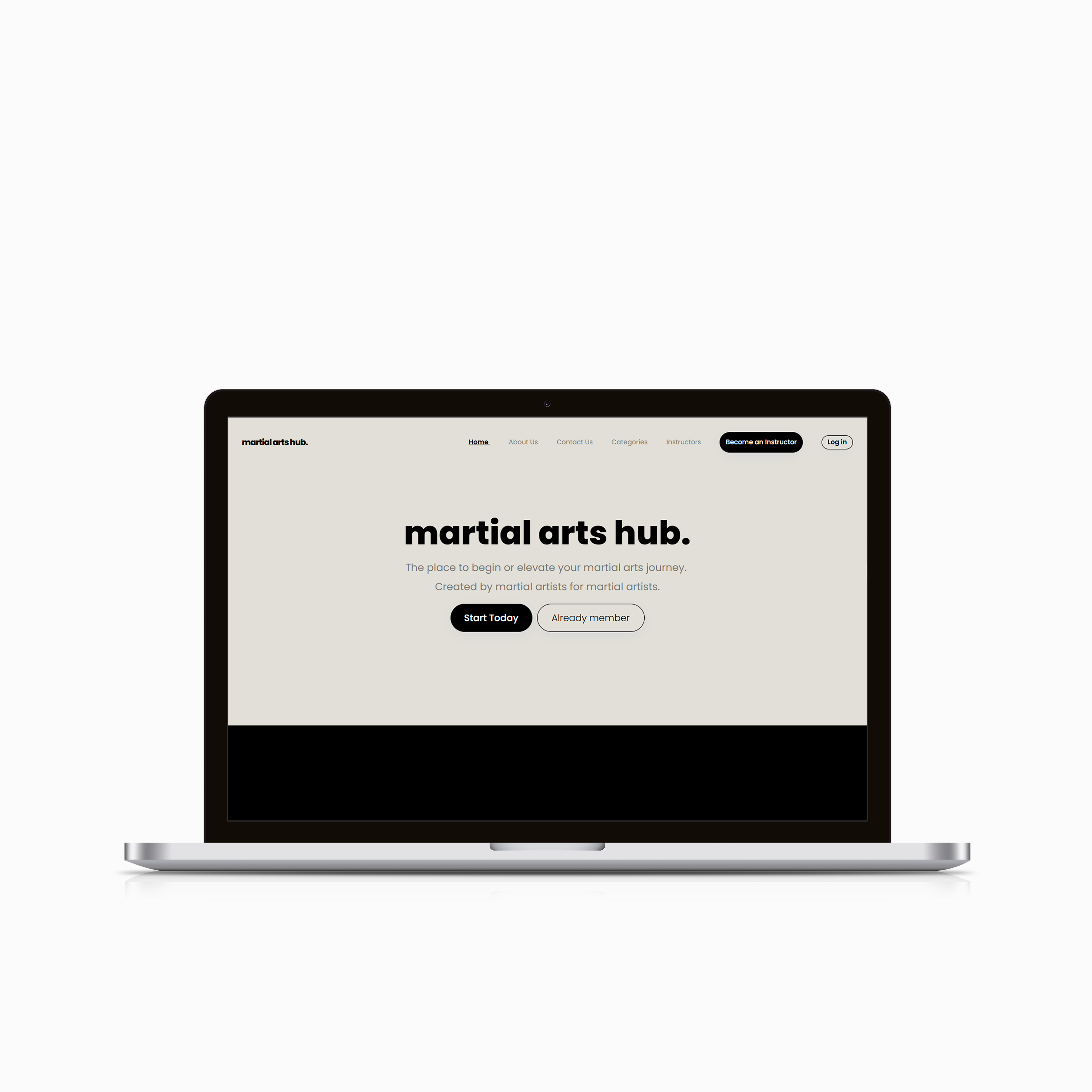 alt="Martial Arts Hub website displayed on laptop screen showing clean homepage design with call-to-action Start Today button"