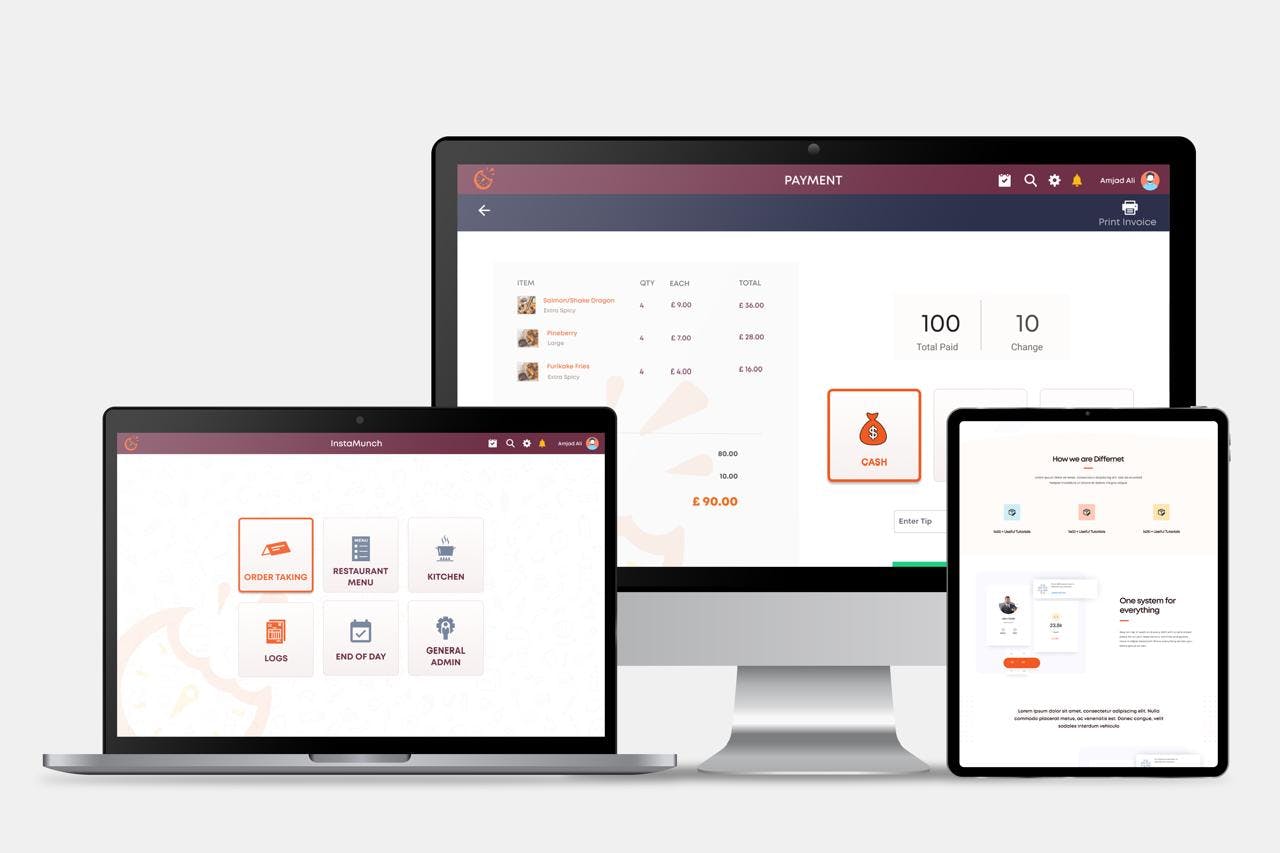 "InstaMunch restaurant POS system mockup shown on laptop, desktop, and tablet, featuring order taking, menu management, kitchen operations, payment processing, and admin dashboard."