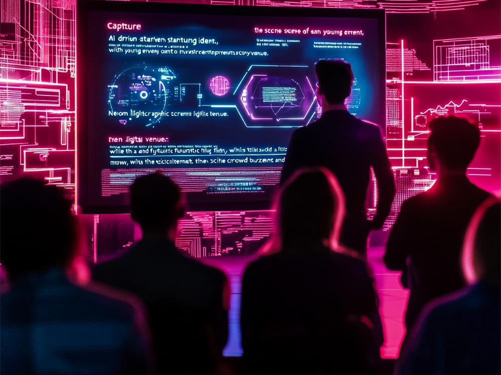 High-tech business seminar showing neon screens, data analytics, and startup innovation showcase.