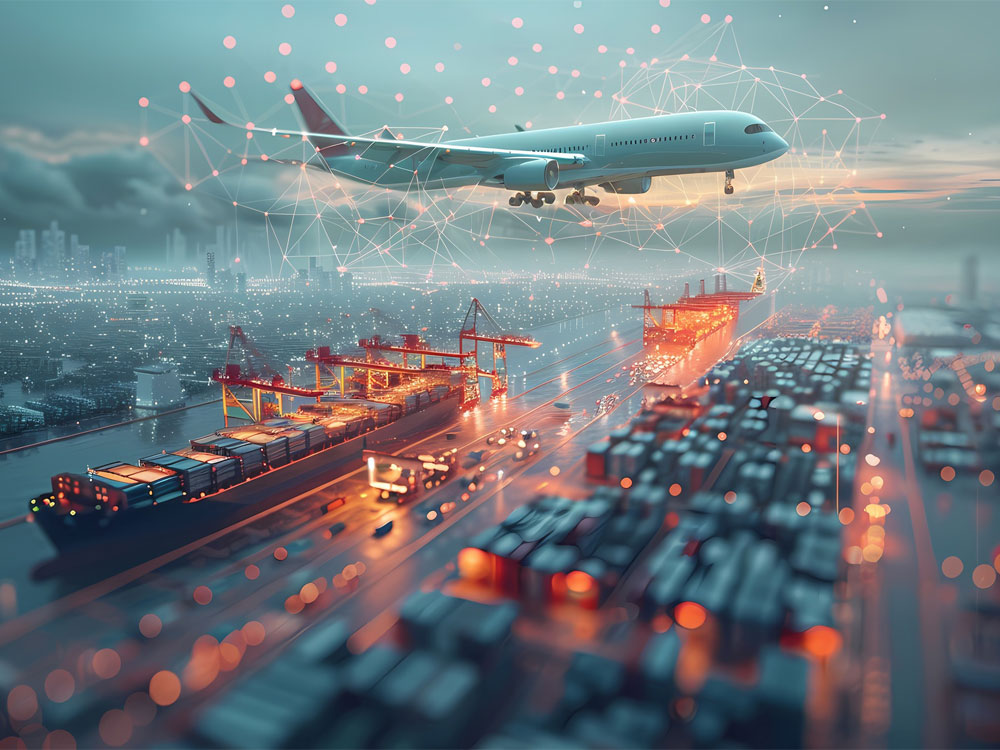 Smart supply chain concept showing cargo ship, airplane, and trucks with digital network overlay.