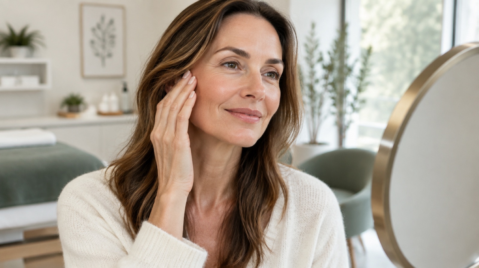 Woman in her 40s touching her cheek in a mirror at Carolina Trim Clinic, considering Ozempic face treatment after GLP-1 weight loss