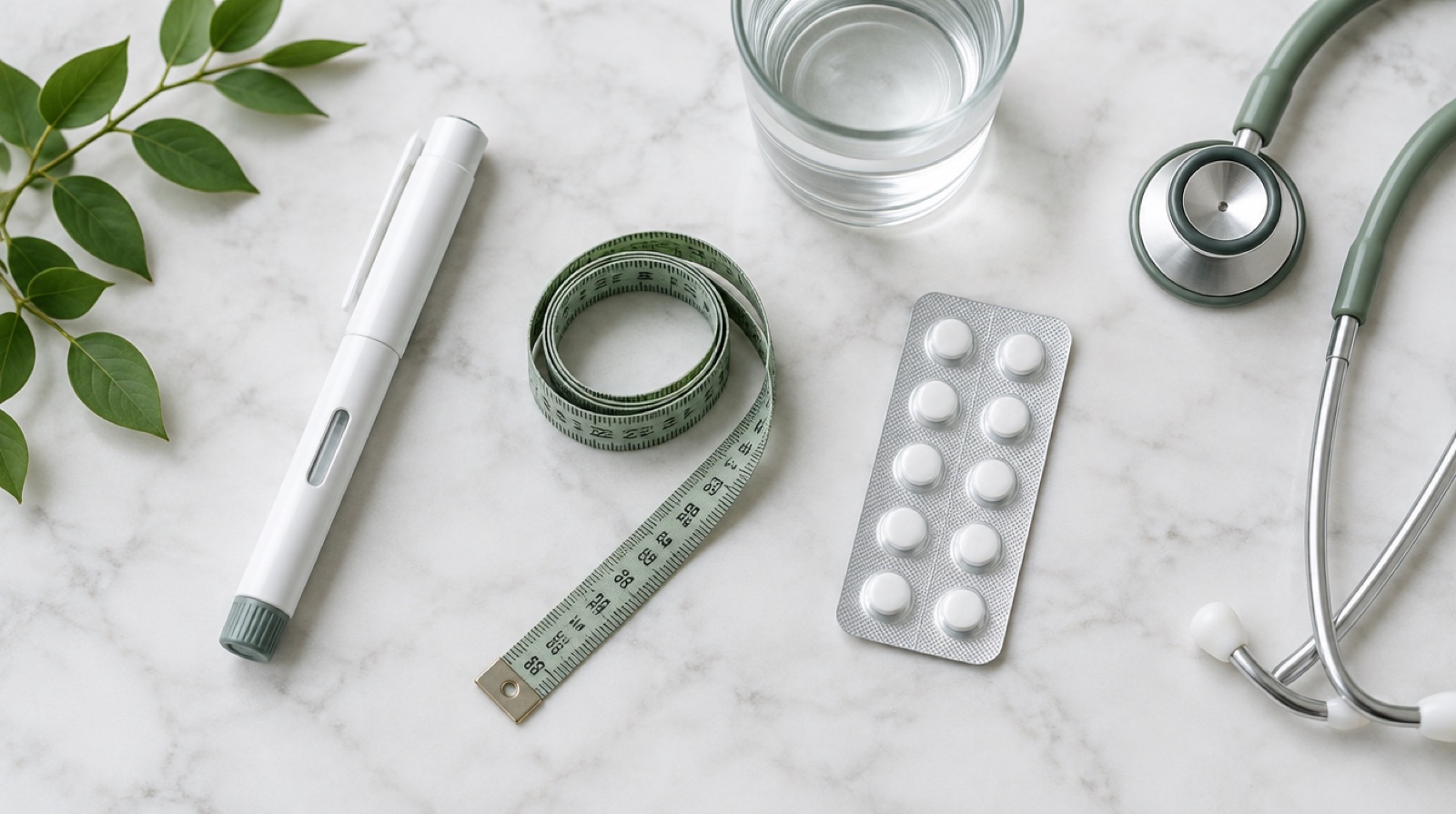 GLP-1 weight loss injection pen next to a blister pack of GLP-1 pills with a measuring tape and stethoscope