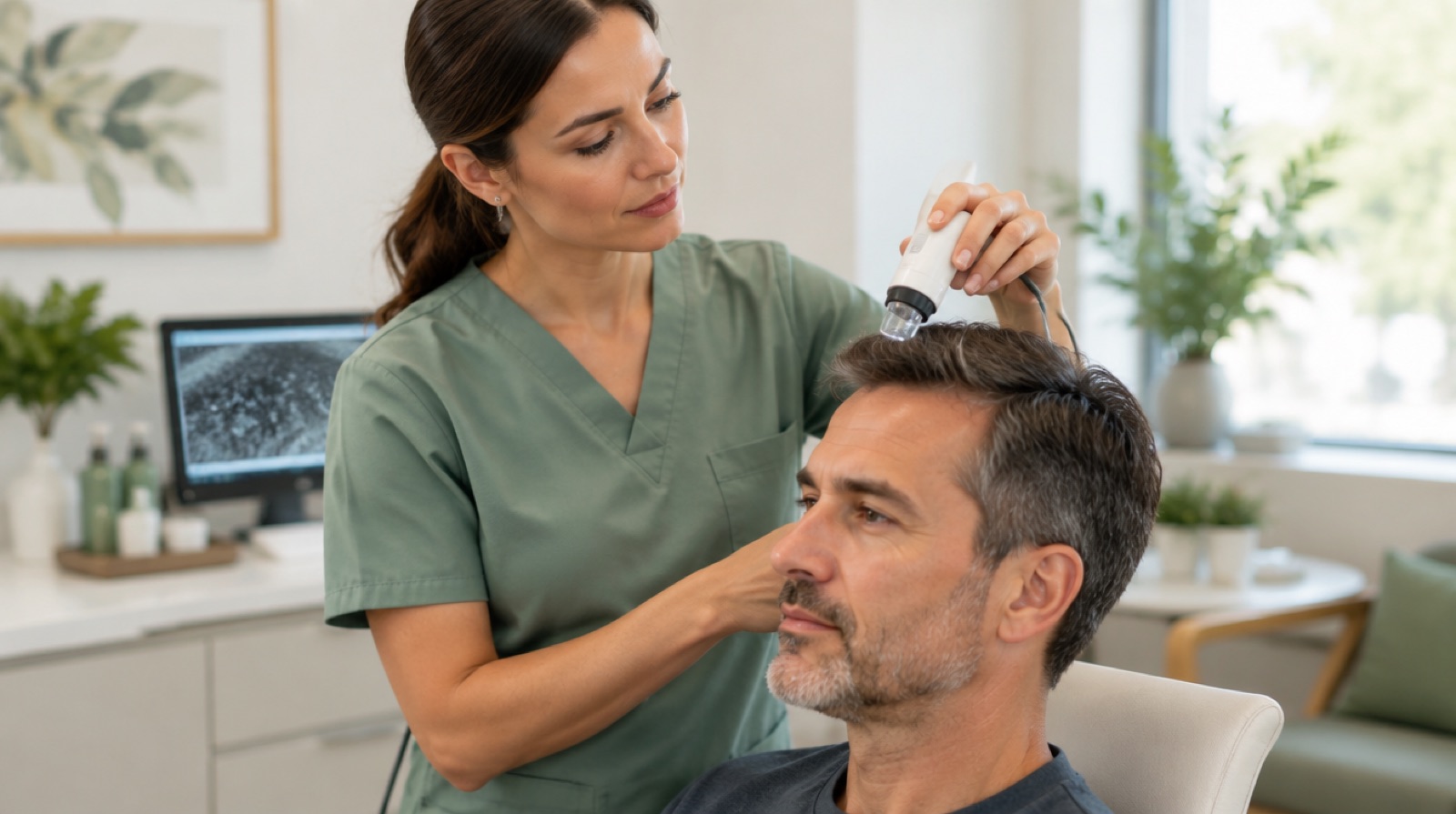 Clinician using an Alma TED ultrasound handpiece on a man's scalp at a Fort Mill hair restoration clinic
