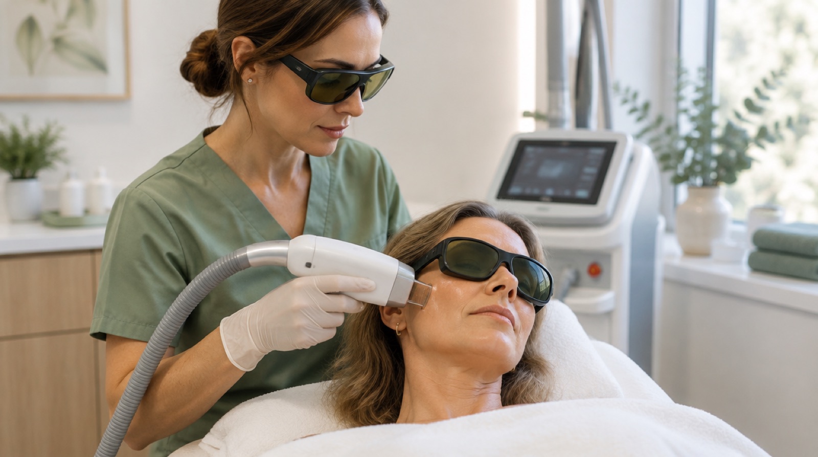 Clinician using a fractional resurfacing handpiece on a patient's cheek in a Fort Mill clinic