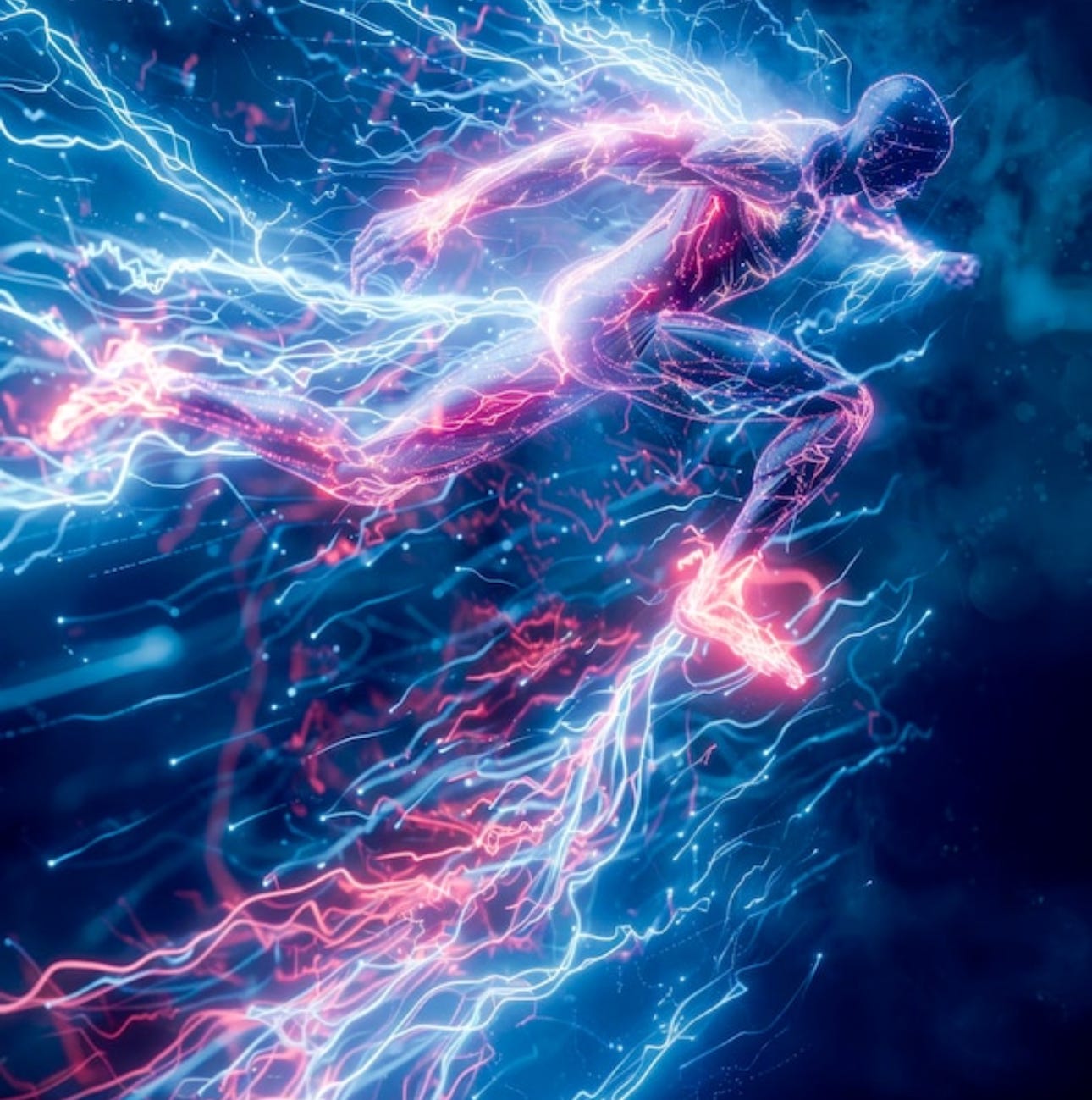 Illustration of a running figure surrounded by electrical light