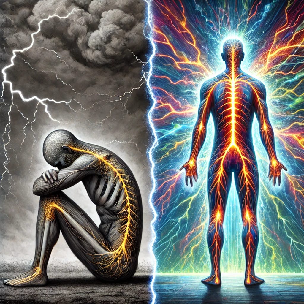 Illustration contrasting a seated figure and an upright figure with glowing nerves