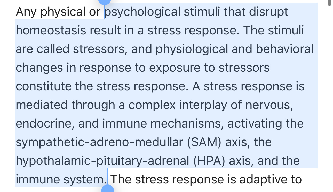 Research excerpt outlining physiological and psychological stress responses