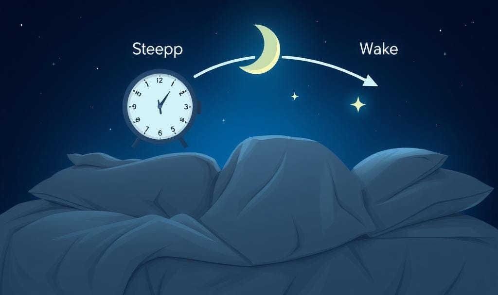 Illustration of the sleep-wake cycle beside a sleeping person