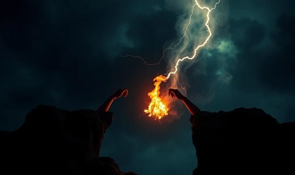 Illustration of lightning striking between two figures