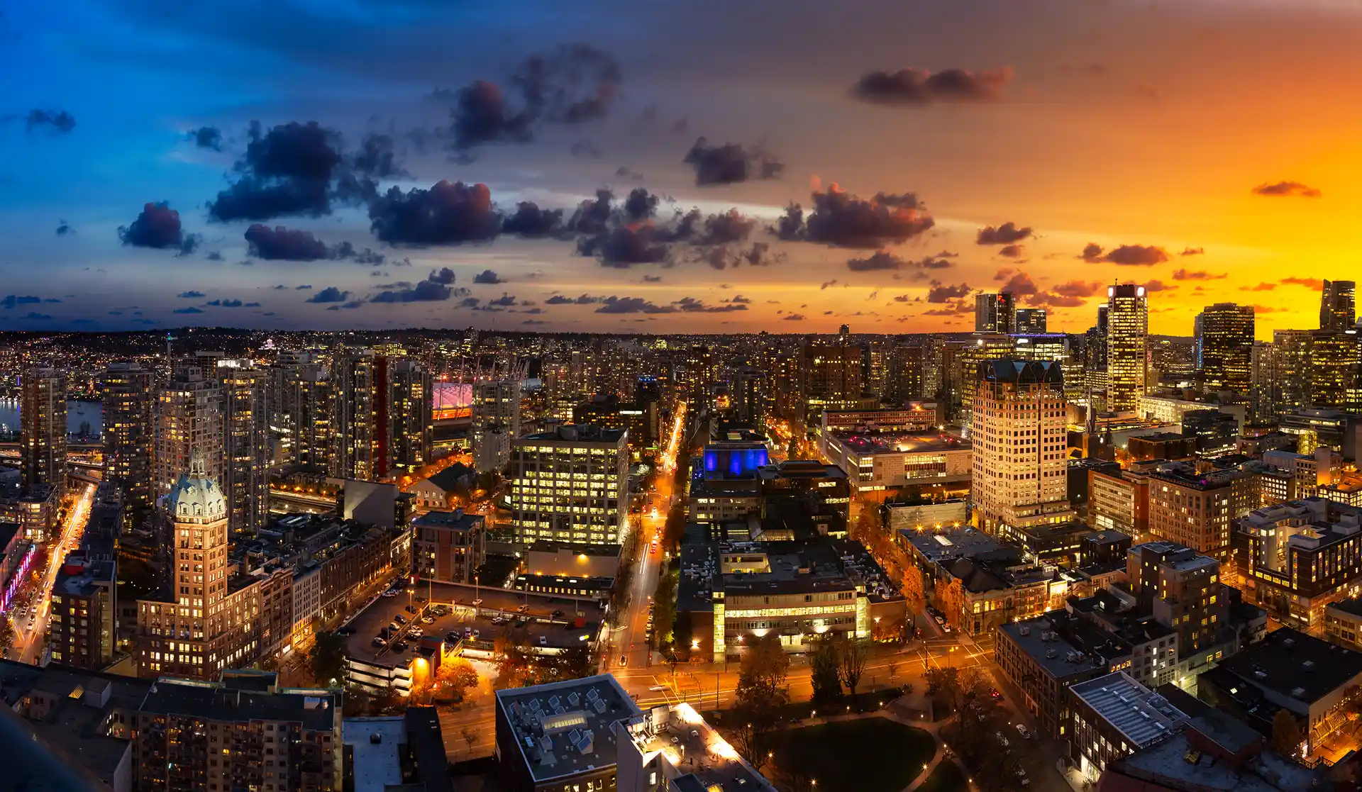 City skyline at sunset