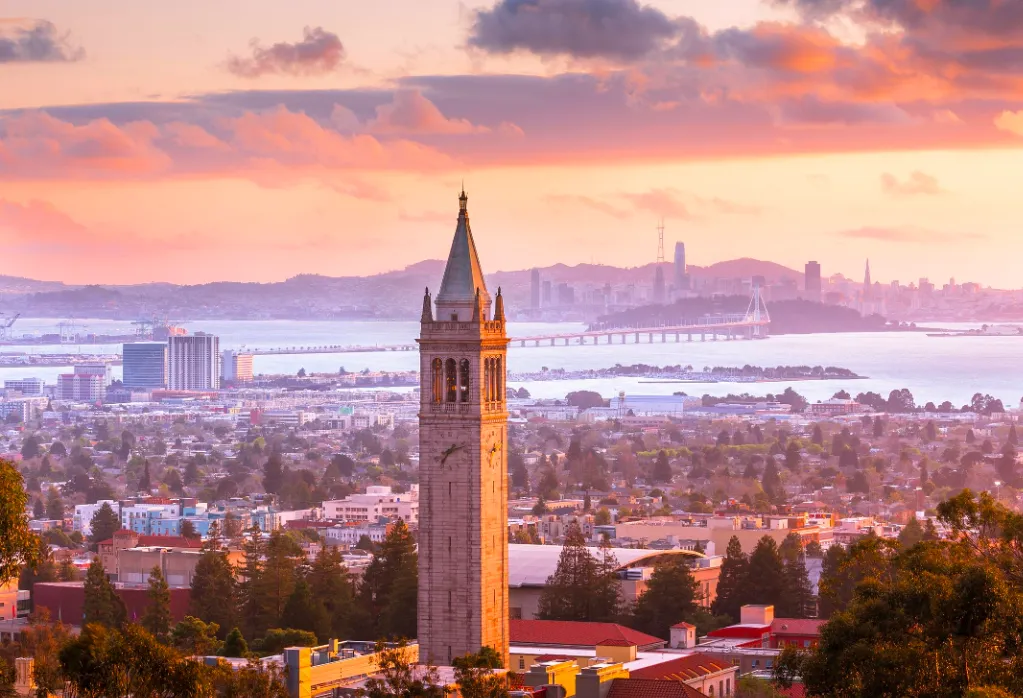 berkeley city skyline and the san francisco bay area at sunset