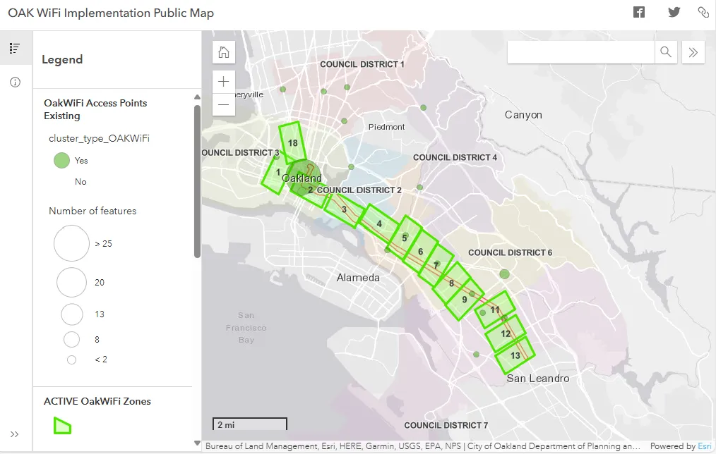 map showing current OAK WiFi coverage