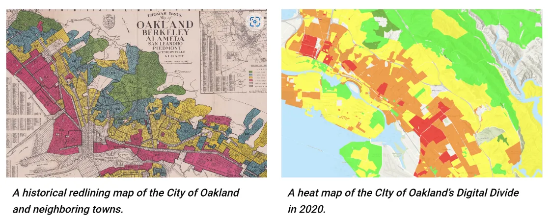 historical map of redlining in oakland and a 2020 heat map of Oakland's digital divide