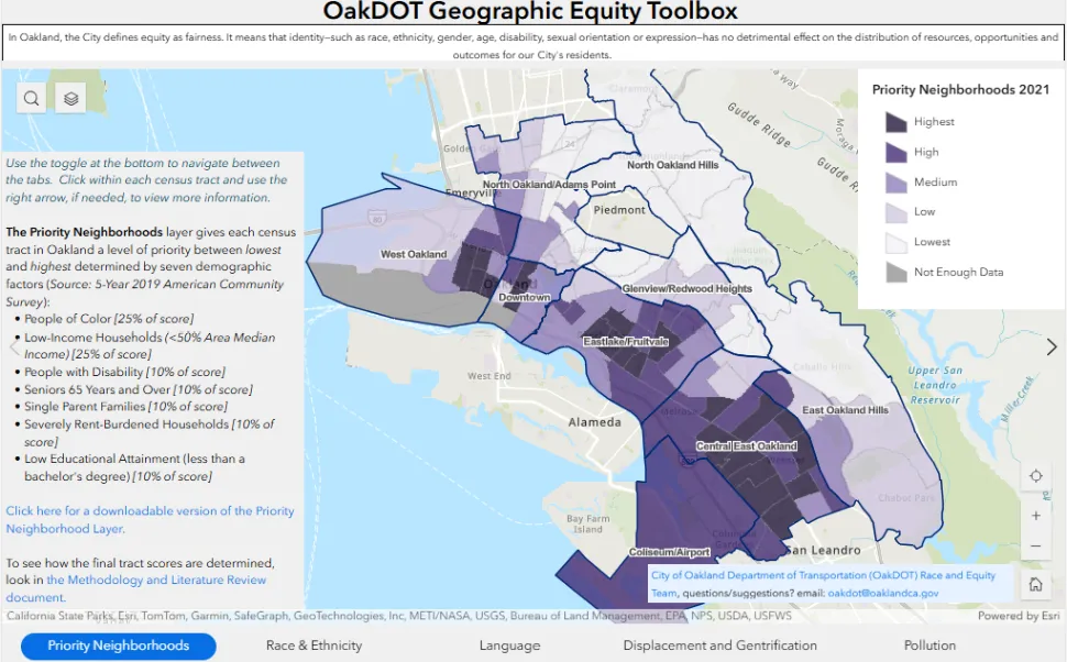 map demonstrating equity disparities across oakland
