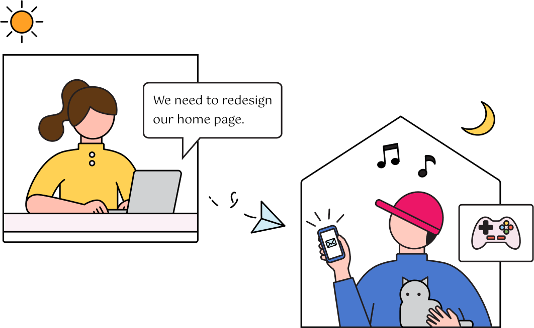 Two colleagues (and a cute grey cat) in separate locations communicating with one another about a potential homepage redesign.