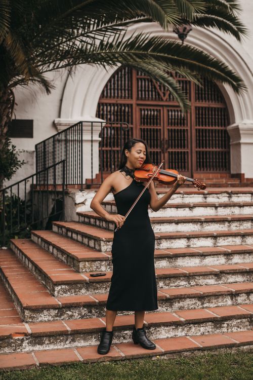 Baethoven violinist performing outdoors on first step of stairs at event