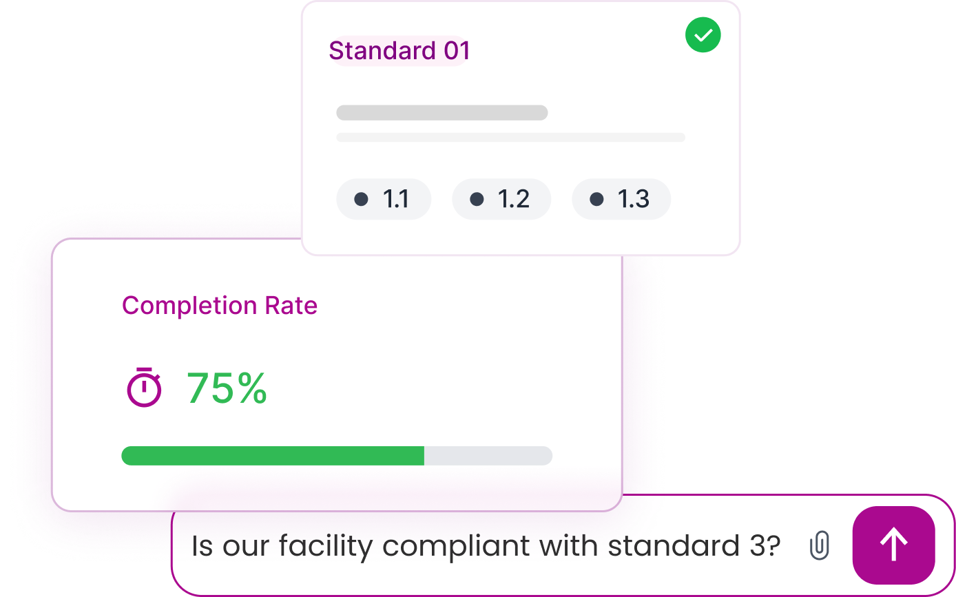 Standard 01 compliance card with sub-standards 1.1 to 1.3.
