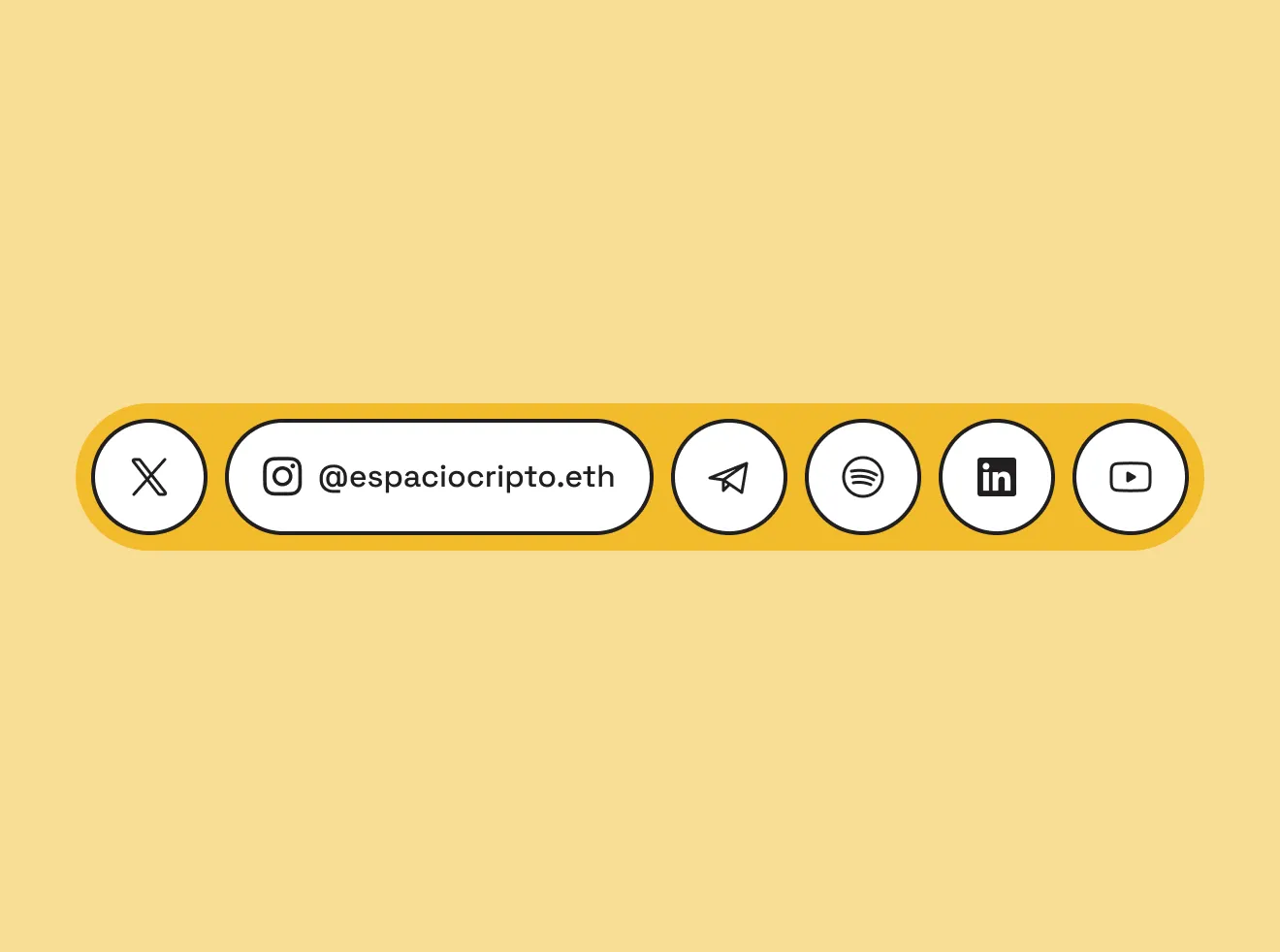 Bar with @espaciocrito.eth handle and circular social media icons on a yellow background.