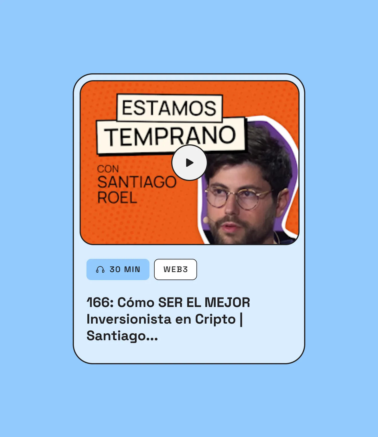 Podcast episode card with orange background, play button, and photo of a man with glasses.