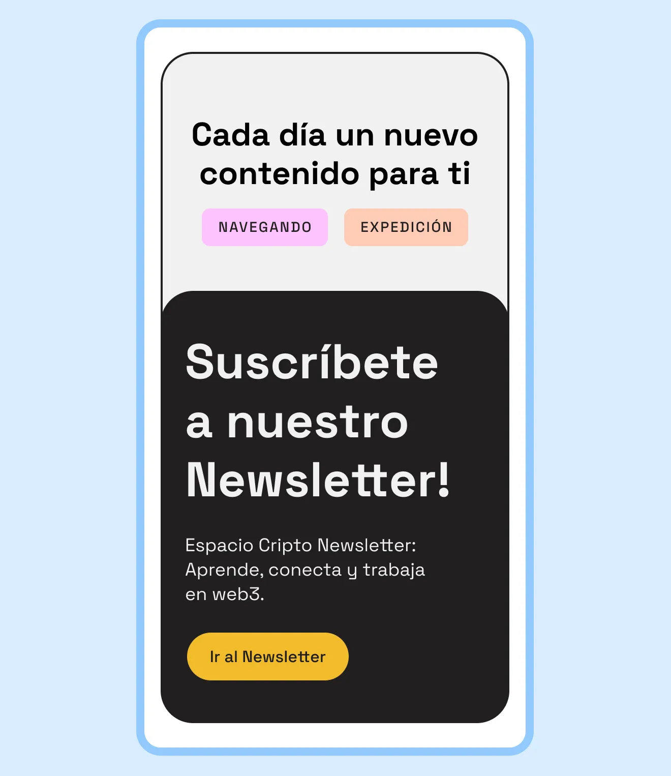 Newsletter subscription prompt with bold text, colorful buttons, and a light blue background.