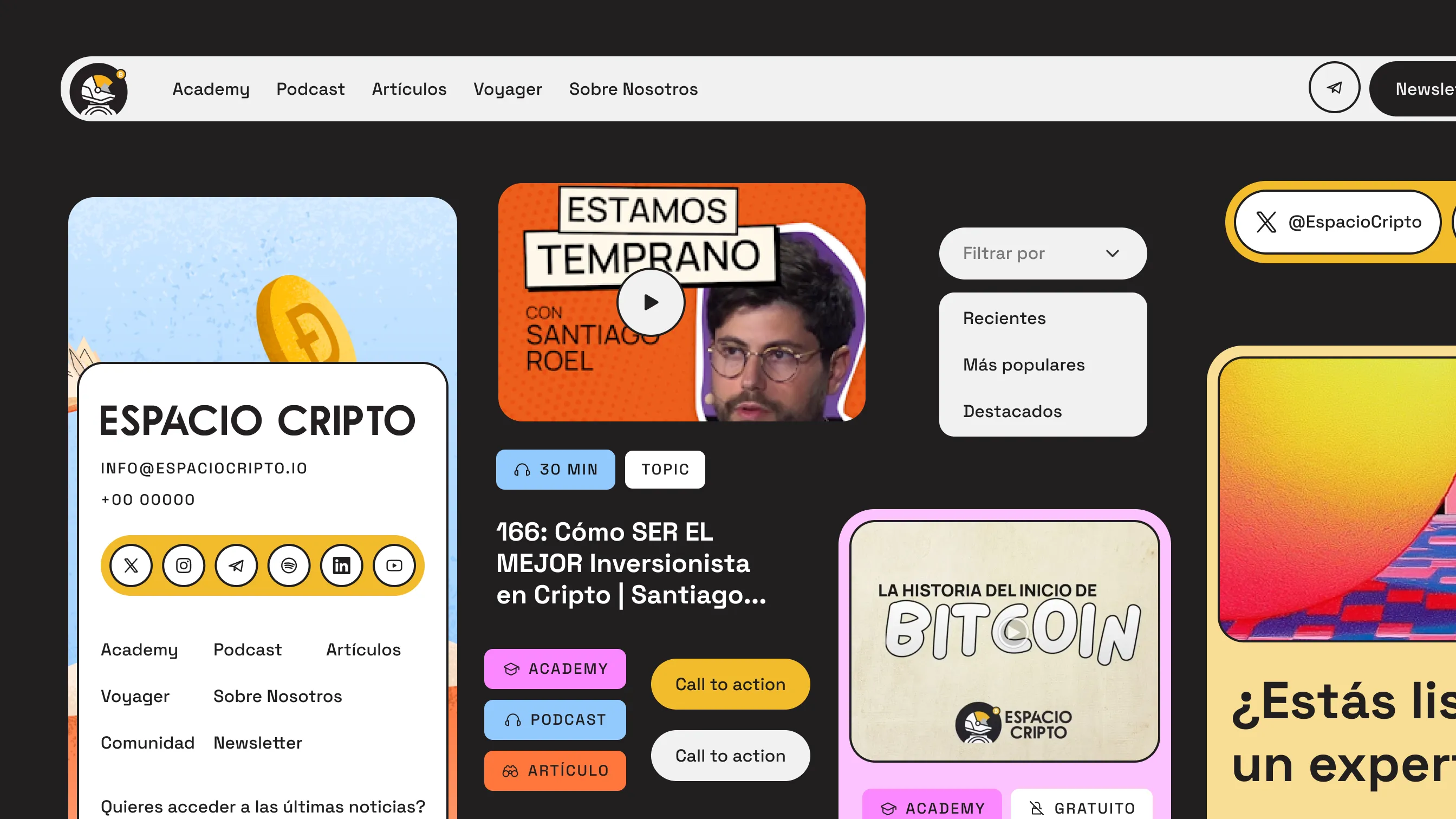 Espacio Cripto website screenshot with dark background, navigation links, and podcast content.