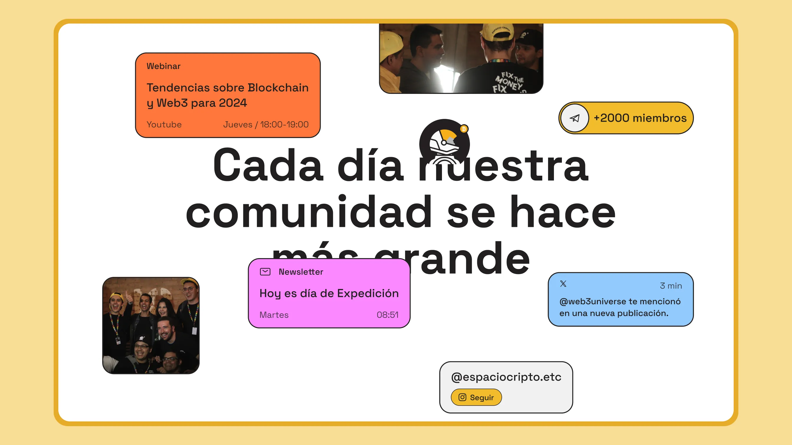 Yellow background with bold text about community growth, event and newsletter boxes, and group photos.