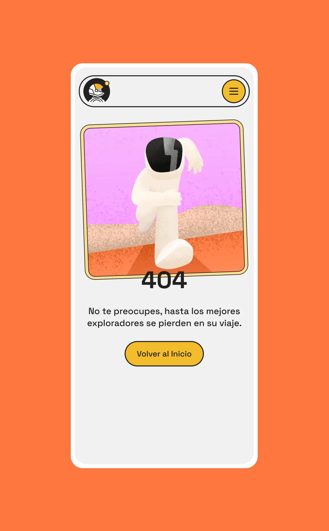 Playful 404 error page with cartoon astronaut, orange background, and Spanish message.