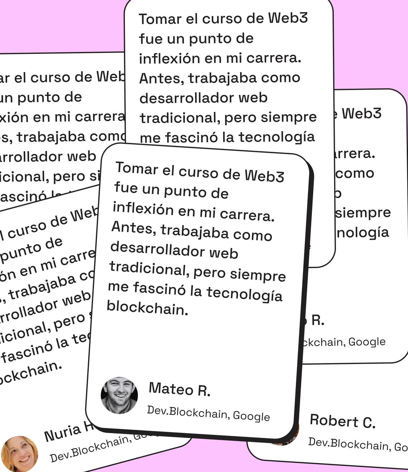 Testimonial cards in Spanish about a Web3 course, overlapping on a pink background.