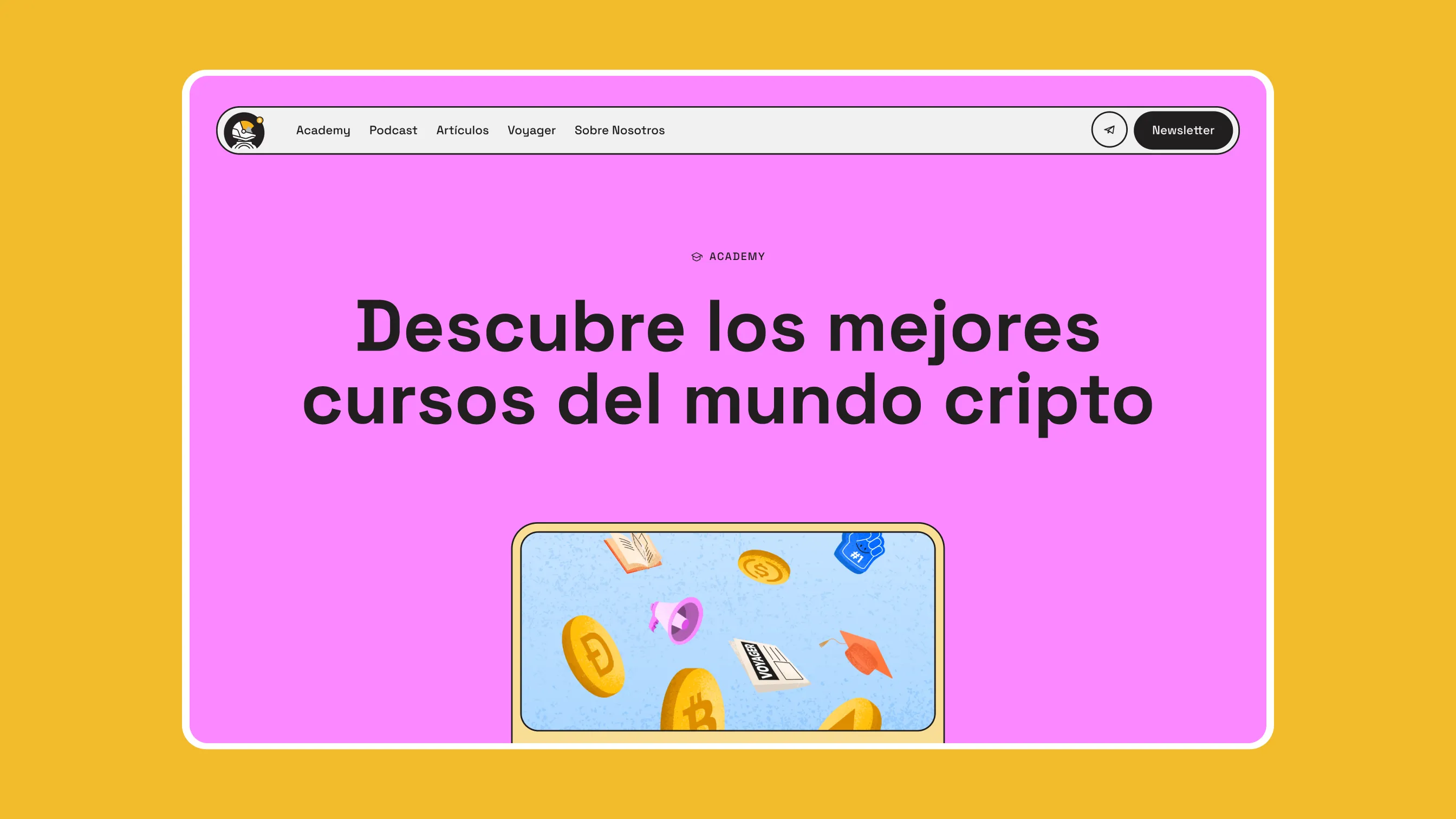 Webpage with yellow and pink design, headline about top crypto courses, and crypto-themed icons.
