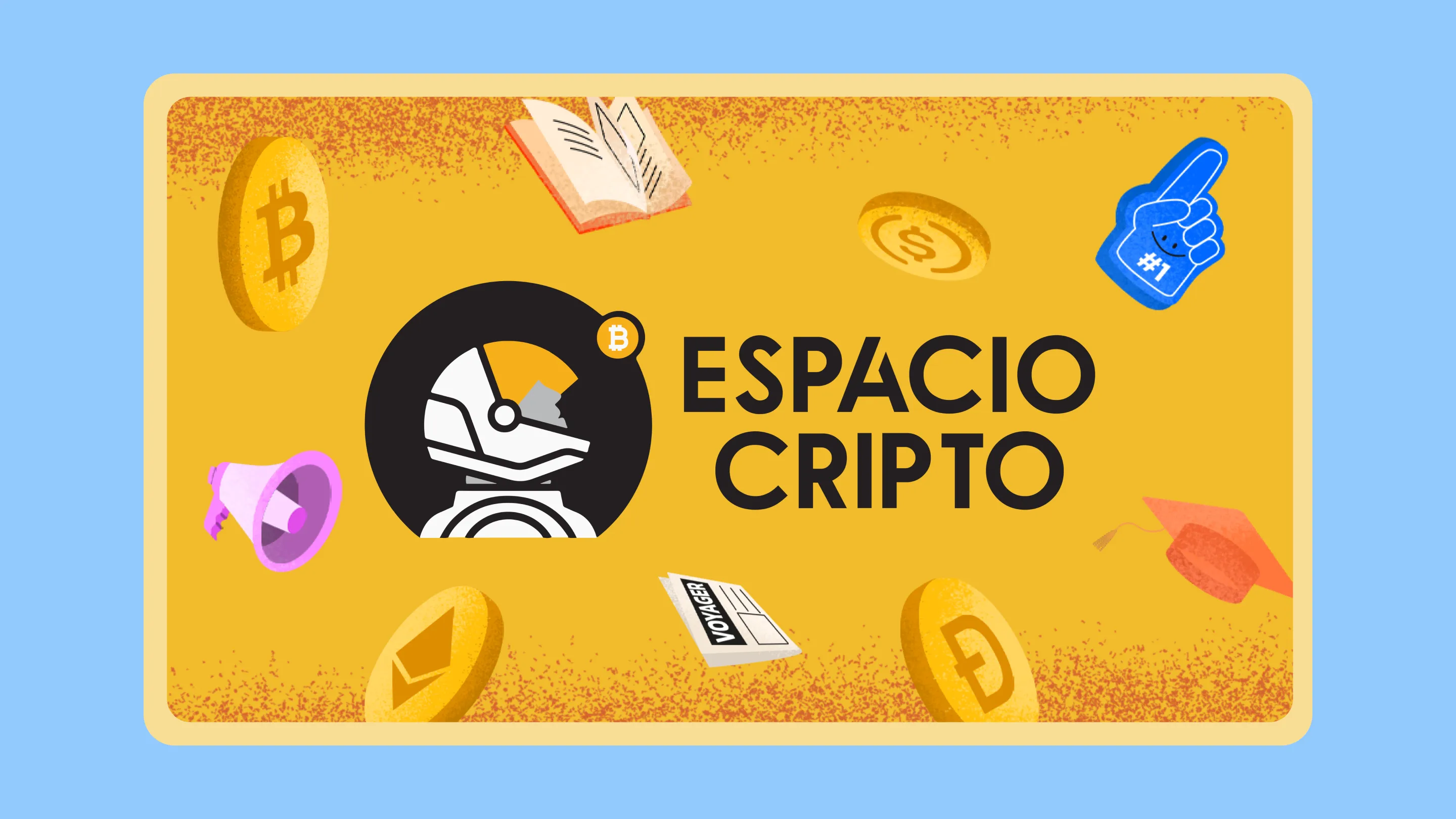 Espacio Cripto logo with crypto coins, book, megaphone, and graduation cap on a colorful background.